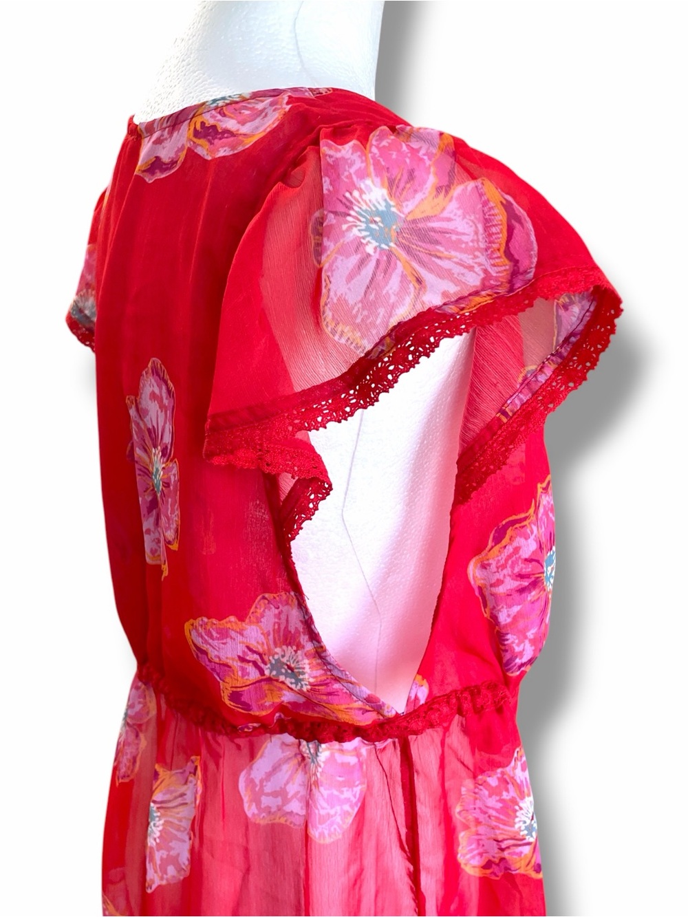 NWOT Free People Cecile Printed Sheer Floral Tie Front Top Red Pink Size Small - Picture 8 of 14